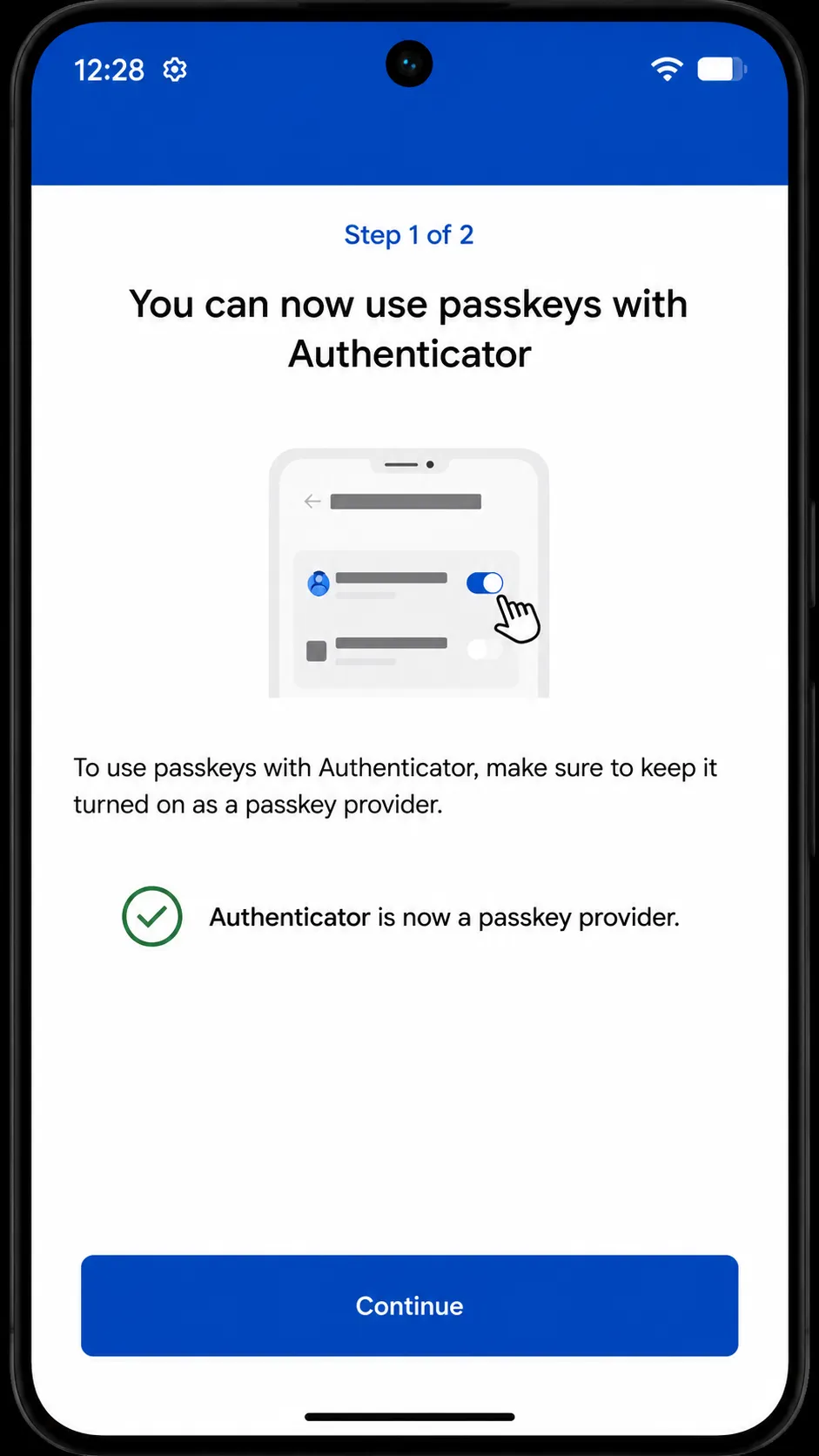 Confirmation on Android that authentication is complete and the account is using a device-bound passkey