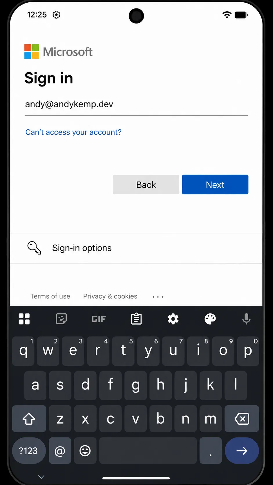 Microsoft Authenticator "Add account" screen on Android showing the plus button, Work or school account, and Sign in options