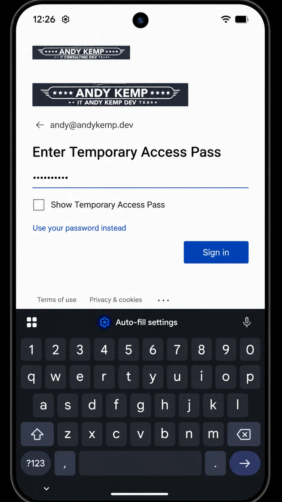 Microsoft sign-in screen on Android with the username entered and the Temporary Access Pass field ready for entry