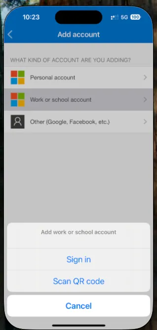 Microsoft Authenticator on iPhone with "Work or school account" selected, showing Sign in and Scan QR code options
