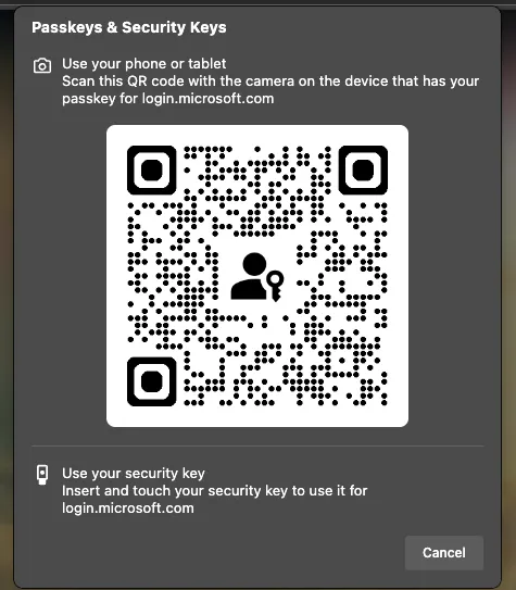 Microsoft web page showing a QR code to scan with a phone to sign in with a passkey
