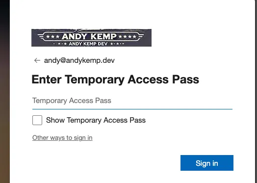 Microsoft sign-in web page showing an "Enter Temporary Access Pass" field and a Sign in button
